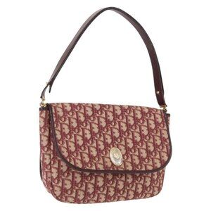 Authentic Christian Dior Trotter Canvas Shoulder Bag Red Gold